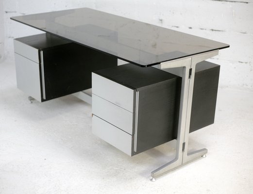 Large Double Pedestal Desk in Black Stained Wood with Stainless Steel Lining by Etienne Fermigier for JFR, France, 1970-MAO-1393897