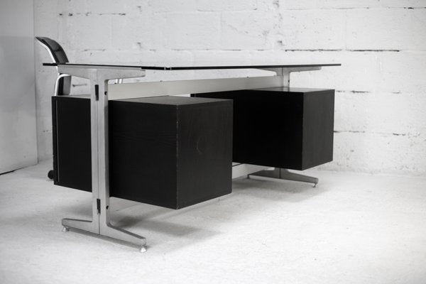 Large Double Pedestal Desk in Black Stained Wood with Stainless Steel Lining by Etienne Fermigier for JFR, France, 1970-MAO-1393897