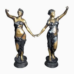 Large Early 20th-Century Bronze Sculptures of Women, Set of 2-GKV-1336634