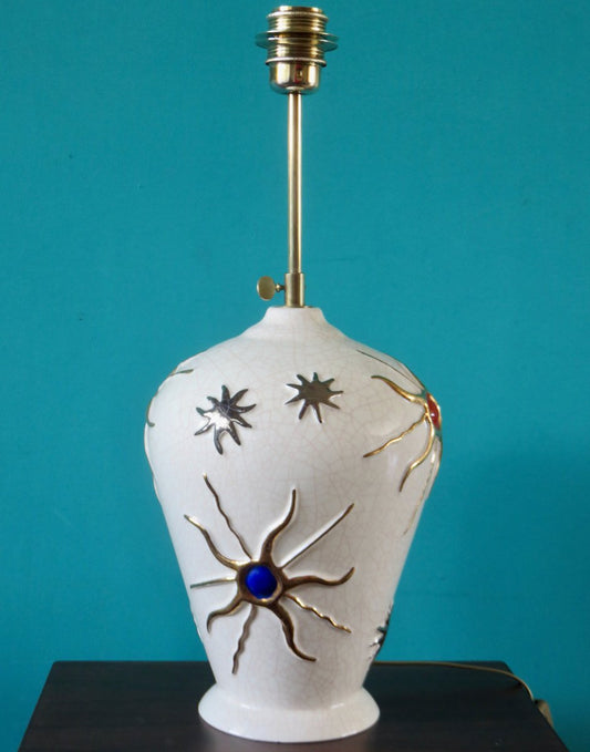 Large Earthenware Lamp with Bas Relief of Suns and Stars, 1947