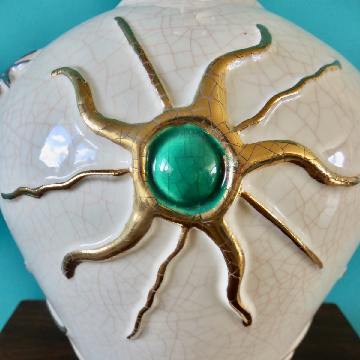 Large Earthenware Lamp with Bas Relief of Suns and Stars, 1947