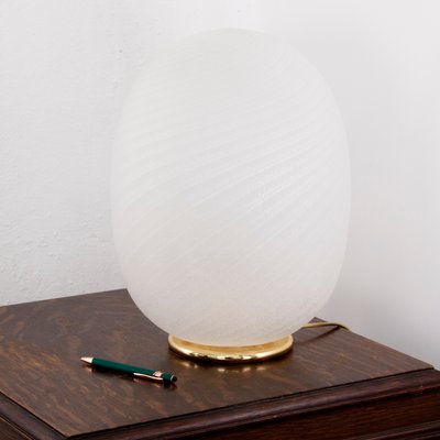 Large Egg Table Lamp in White Etched Murano Glass with Spiral Texture and Brass Base, 1970s-MPO-1299559