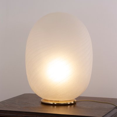 Large Egg Table Lamp in White Etched Murano Glass with Spiral Texture and Brass Base, 1970s-MPO-1299559