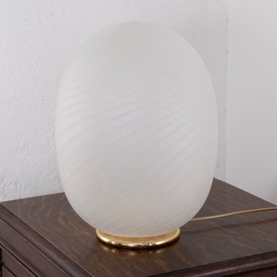 Large Egg Table Lamp in White Etched Murano Glass with Spiral Texture and Brass Base, 1970s-MPO-1299559