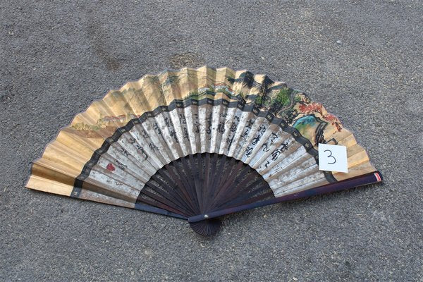 Large Fan in Painted Paper and Wood, China, 1940s-EH-1058643