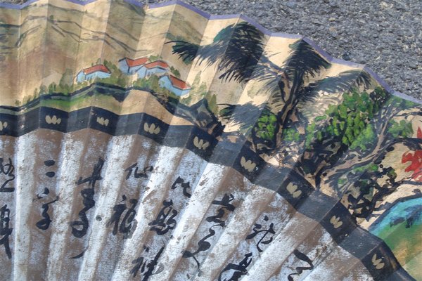 Large Fan in Painted Paper and Wood, China, 1940s-EH-1058643