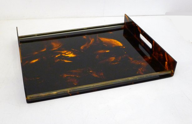 Large Faux Tortoiseshell Acrylic Glass & Resin Tray with Brass Sticks from Maison Mercier, 1970s-RNR-2034750