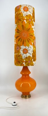 Large Floor Lamp with Flower-Printed Fabric Shade and Orange Glass Base, Germany, 1960s-CZ-2018323