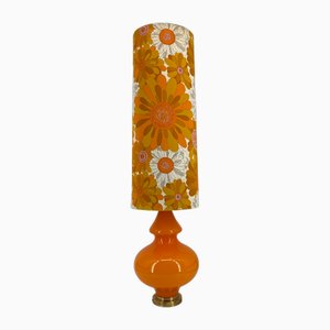 Large Floor Lamp with Flower-Printed Fabric Shade and Orange Glass Base, Germany, 1960s-CZ-2018323