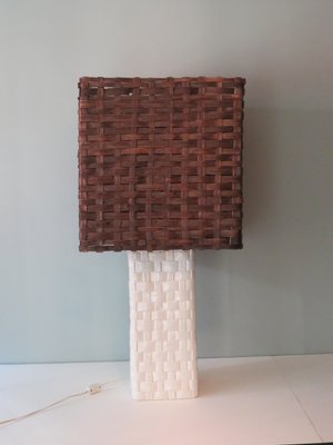 Large Floor Lamp with White Ceramic Base and Woven Shade, 1970s-UKG-1056305