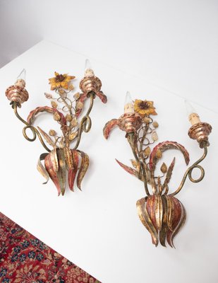 Large Florentine Wall Lights with Flowers, 1970s, Set of 2-JWI-1784459