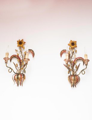 Large Florentine Wall Lights with Flowers, 1970s, Set of 2-JWI-1784459