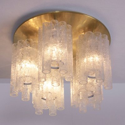 Large Flush Mount Chandelier with Glass Tubes and Brass Plate from Doria Leuchten, 1960s-VLZ-632103