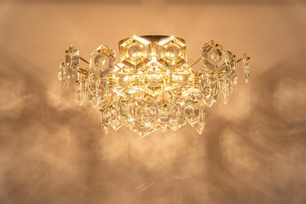 Large Flush Mount in Brass and Crystal Glass Chandelier by Kinkeldey, Germany, 1970s-UGR-1181929