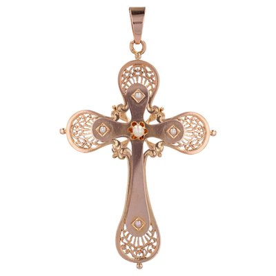 Large French 18 Karat Rose Gold Cross with Fine Pearls, 20th Century-OLU-1784786