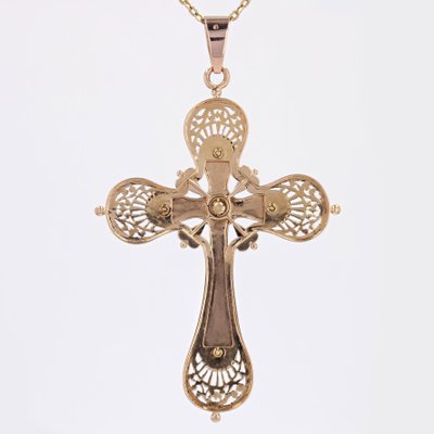 Large French 18 Karat Rose Gold Cross with Fine Pearls, 20th Century-OLU-1784786