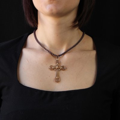 Large French 18 Karat Rose Gold Cross with Fine Pearls, 20th Century-OLU-1784786