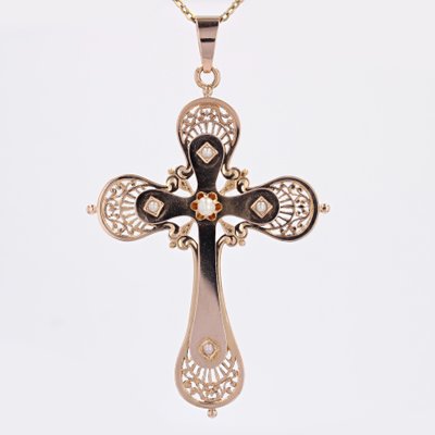 Large French 18 Karat Rose Gold Cross with Fine Pearls, 20th Century-OLU-1784786