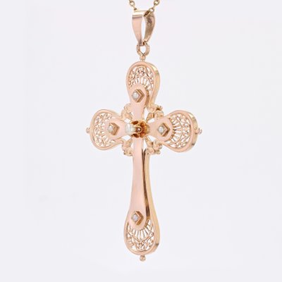 Large French 18 Karat Rose Gold Cross with Fine Pearls, 20th Century-OLU-1784786