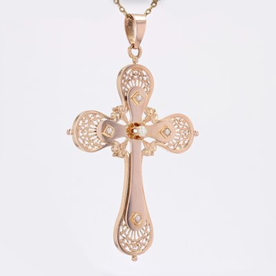 Large French 18 Karat Rose Gold Cross with Fine Pearls, 20th Century-OLU-1784786