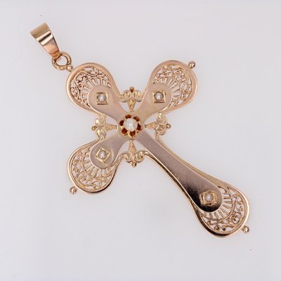 Large French 18 Karat Rose Gold Cross with Fine Pearls, 20th Century-OLU-1784786