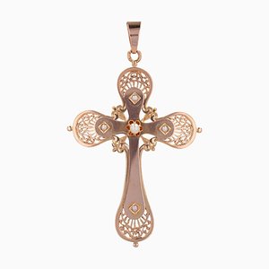 Large French 18 Karat Rose Gold Cross with Fine Pearls, 20th Century-OLU-1784786