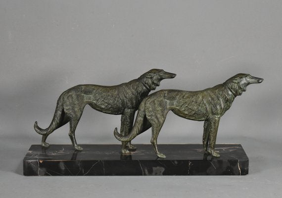 Large French Art Deco Borzoi Dogs Sculpture-CTD-1066781