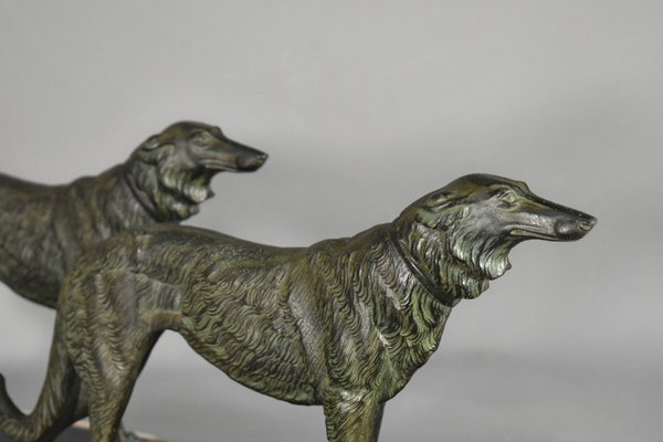 Large French Art Deco Borzoi Dogs Sculpture-CTD-1066781