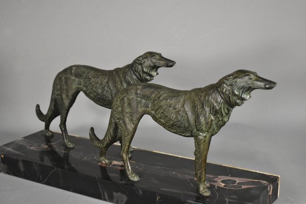 Large French Art Deco Borzoi Dogs Sculpture-CTD-1066781