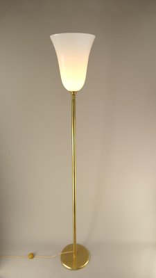 Large French Art Deco Brass Floor Lamp with Opal Glass Shade, 1920s-KDB-1811529