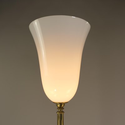 Large French Art Deco Brass Floor Lamp with Opal Glass Shade, 1920s-KDB-1811529