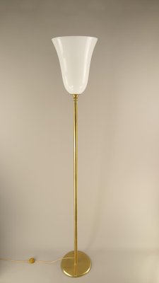 Large French Art Deco Brass Floor Lamp with Opal Glass Shade, 1920s-KDB-1811529