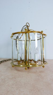 Large French Brass and Glass Lantern Chandelier with 6 Light Sockets and Domed Glass, 1980s-KK-1109416