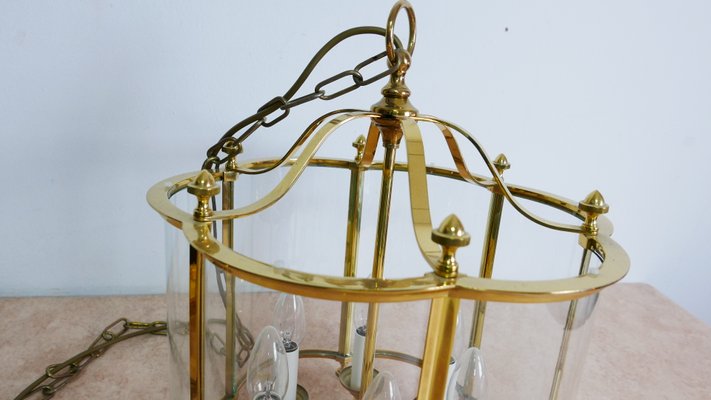 Large French Brass and Glass Lantern Chandelier with 6 Light Sockets and Domed Glass, 1980s-KK-1109416