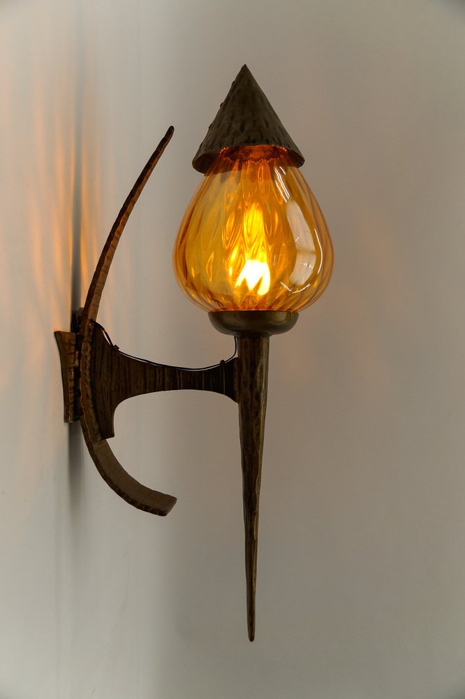 Large French Hand-Forged Iron and Glass Wall Lamp, 1960s