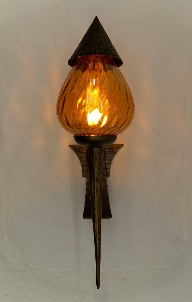 Large French Hand-Forged Iron and Glass Wall Lamp, 1960s