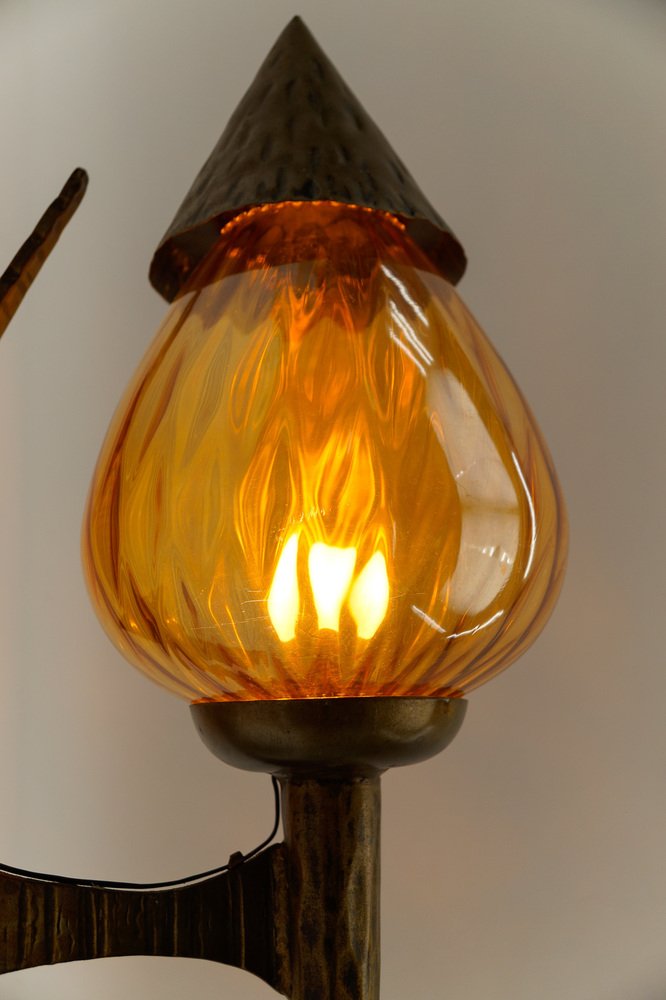 Large French Hand-Forged Iron and Glass Wall Lamp, 1960s