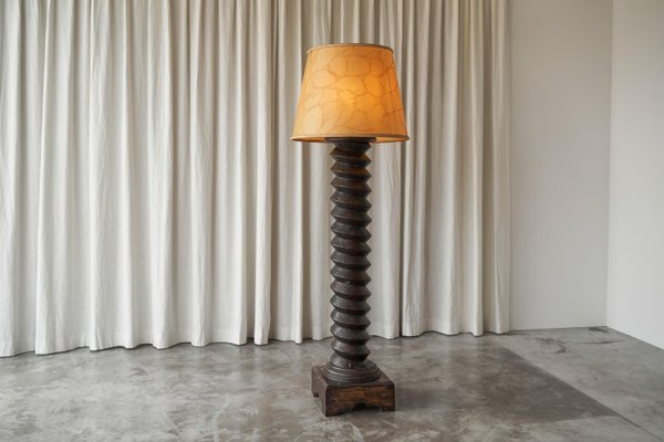 Large French Provincial Floor Lamp in Carved Wood and Parchment Shade, 1920s-FEW-2024199