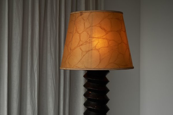 Large French Provincial Floor Lamp in Carved Wood and Parchment Shade, 1920s-FEW-2024199