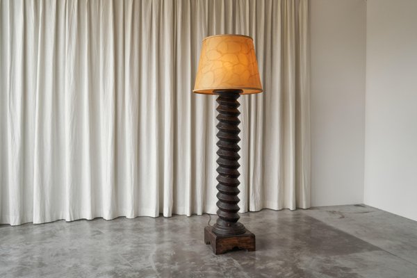 Large French Provincial Floor Lamp in Carved Wood and Parchment Shade, 1920s-FEW-2024199