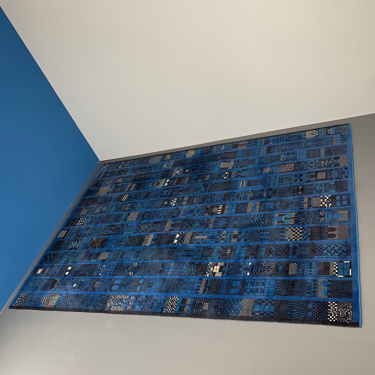 Large German Blue Patterned Expo Rug by Prof. Margret Hildebrand for Anker Teppich, 1950s