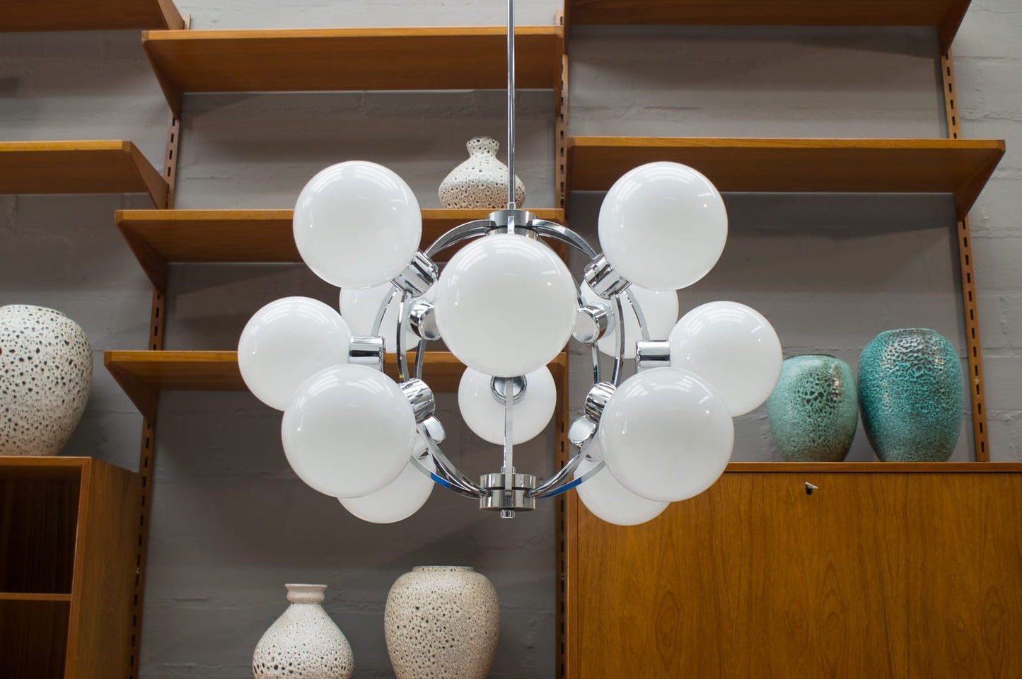 Large German Chrome Ceiling Lamp with 12 Opaline Glass Globes, 1960s