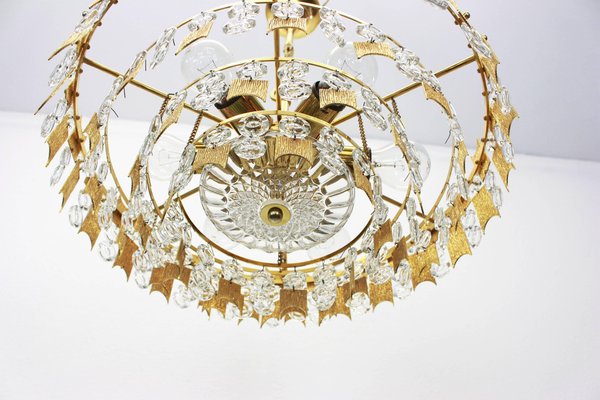 Large German Gilt Brass and Crystal Glass Chandelier by Palwa, 1960s-UGR-1086175