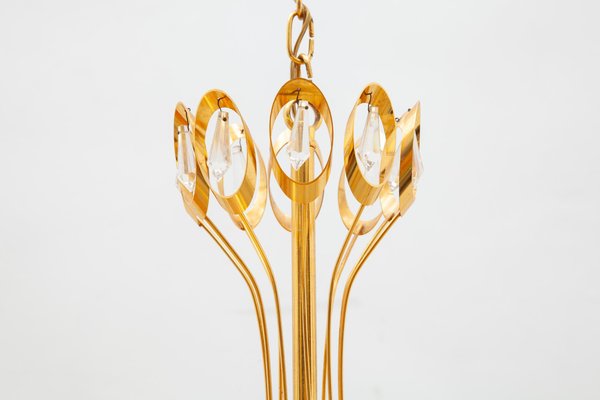 Large German Gold, Gilt Brass & Crystal Chandelier from Palwa, 1970s-KL-620427