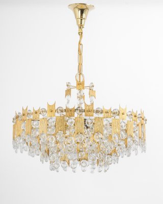 Large Gilt Brass and Crystal Glass Chandelier attributed to Palwa, Germany, 1960s-UGR-1410506