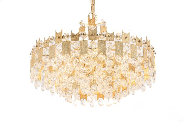 Large Gilt Brass and Crystal Glass Chandelier attributed to Palwa, Germany, 1960s-UGR-1410506