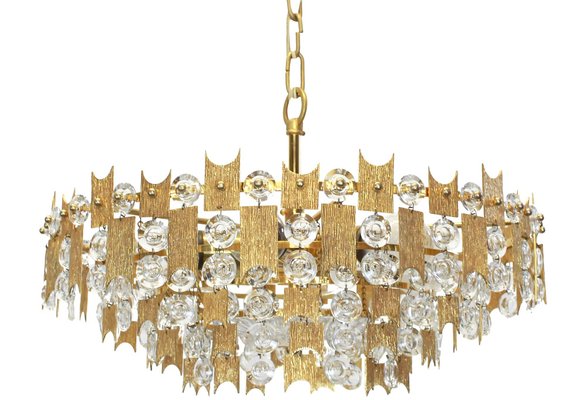 Large Gilt Brass and Crystal Glass Chandelier by Palwa, Germany, 1960s-UGR-1085681