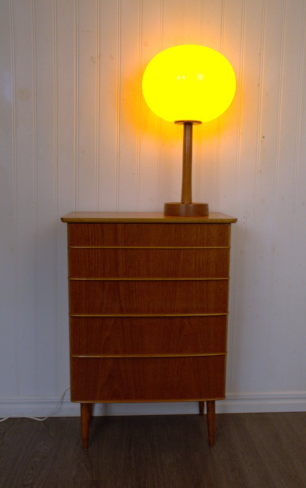 Large Glass and Teak Table Lamp by Uno & Östen Kristiansson for Luxus, 1960s