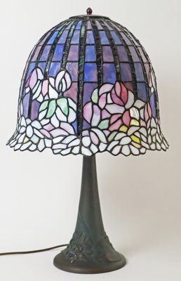 Large Glass Mosaic Table Lamp with Bronze Water Lily Lamp Base in the style of Tiffany-ESB-2027970