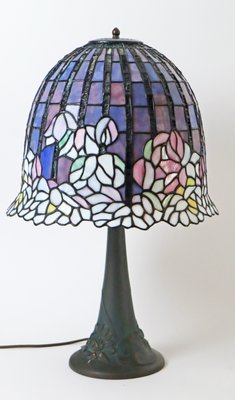 Large Glass Mosaic Table Lamp with Bronze Water Lily Lamp Base in the style of Tiffany-ESB-2027970